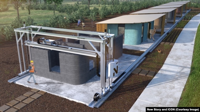 This rendering shows how a 3-D printer can print homes and create communities. A construction company based in Austin, Texas, and New Story, a nonprofit that aims to end homelessness globally, have teamed up to provide safe, permanent shelters.