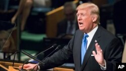 도널드 트럼프 미국 대통령이 지난달 뉴욕 유엔본부에서 열린 유엔총회에서 연설하고 있다.