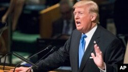 President Donald Trump speaks during the 72nd session of the United Nations General Assembly, Sept. 19, 2017. 