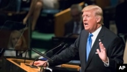 도널드 트럼프 미국 대통령이 19일 뉴욕 유엔본부에서 열린 유엔총회에서 연설하고 있다.