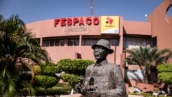 A statue of Paulin Soumanou Vieyra, considered the precursor of African cinema, stands in Pan-African Film and Television Festival headquarters, in Ouagadougou, on Oct. 14, 2021.