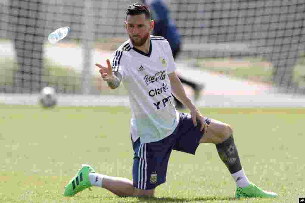 Argentine soccer player Lionel Messi at training during the 2018 soccer World Cup in Bronnitsy, Russia.