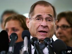FILE - House Judiciary Committee ranking member Jerry Nadler talks to the media on Capitol Hill in Washington, Sept. 28, 2018.