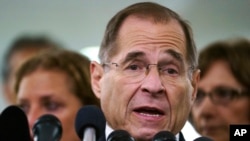 FILE - House Judiciary Committee ranking member Jerry Nadler talks to the media on Capitol Hill in Washington, Sept. 28, 2018.