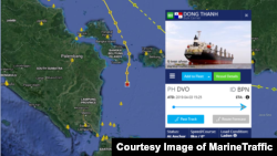 인도네시아에서 북한산 석탄을 싣고 말레이시아로 향하던 선박 동탄호가 입항이 거부된 후 다시 인도네시아 인근 해상으로 돌아온 것으로 28일 확인됐다. 선박의 실시간 위치를 보여주는 마린트래픽(Marine Traffic) 제공 자료.