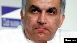 FILE - Nabeel Rajab, president of the Bahrain Center for Human Rights, pauses during a conference at the Swiss Press Club in Geneva.
