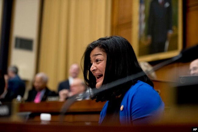 Rep. Pramila Jayapal, D-Wash, reacts as Acting Attorney General Matthew Whitaker tells Judiciary Committee Chairman Jerrold Nadler, D-N.Y., that his time has expired as he appears before the House Judiciary Committee on Capitol Hill, Feb. 8, 2019.