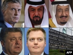 (COMBO) This combination of pictures created on April 4, 2016 shows six world leaders (top from L) Argentinian President Mauricio Macri (March 23, 2016), Emirati President Sheikh Khalifa bin Zayed al-Nahayan (April 30, 2013 in London) and Saudi King Salma