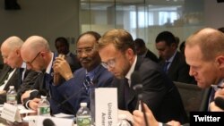 Somali Finance Minister Abdirahman Duale Beileh (center) is seen flanked by participants of International Monetary Fund (IMF) and World Bank meetings last week in Washington. (Twitter - @DrBeileh)