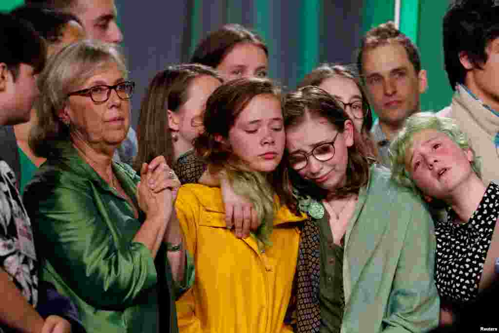 Green Party leader Elizabeth May reacts alongside supporters after the federal election in Victoria, British Columbia, Canada, Oct. 21, 2019.