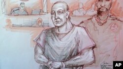 In this courtroom sketch, Cesar Sayoc, left, appears in federal court in Miami, Oct. 29, 2018. 