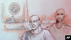 In this courtroom sketch, Cesar Sayoc, left, appears in federal court in Miami, Oct. 29, 2018. 