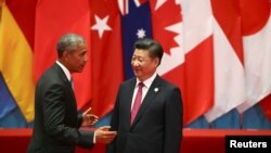 Chủ tịch Trung Quốc Tập Cận Bình và Tổng thống Mỹ Barack Obama dự Hội nghị Thượng đỉnh G-20 ở Hàng Châu, tỉnh Chiết Giang, Trung Quốc, ngày 4 tháng 9, 2016. 