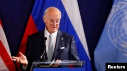 FILE - United Nations special envoy on Syria Staffan de Mistura speaks during a news conference in Vienna, Austria, May 17, 2016. 