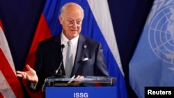 FILE - United Nations special envoy on Syria Staffan de Mistura speaks during a news conference in Vienna, Austria, May 17, 2016. De Mistura is hoping to restart intra-Syrian talks in July. 