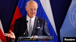 FILE - United Nations special envoy on Syria Staffan de Mistura speaks during a news conference in Vienna, Austria, May 17, 2016.