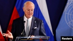 FILE - United Nations Special Envoy on Syria Staffan de Mistura speaks during a news conference in Vienna, Austria, May 17, 2016. 
