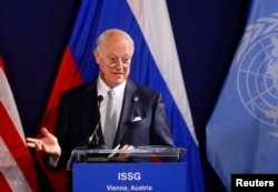 FILE - United Nations special envoy on Syria Staffan de Mistura speaks during a news conference in Vienna, Austria, May 17, 2016.