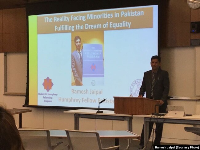 Ramesh Jaipal gives a presentation at the American University, where he studied law and human rights as a fellow in the prestigious Hubert Humphrey Fellowship program.