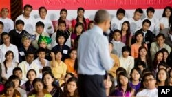 FILE - The audience listen to U.S. President Barack Obama answer questions at the Young Southeast Asian Leaders Initiative (YSEALI) town hall in Yangon, Myanmar, Friday, Nov. 14, 2014.