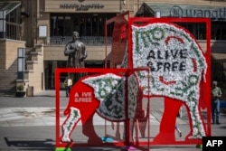 An installation showing a rhino and an elephant is seen in Mandela Square as part of the CITES (Convention on International Trade in Endangered Species of Wild, Fauna and Flora) convention in Johannesburg, South Africa, Sept. 26, 2016.