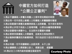 中国维权律师关注组总结的中国官方打造“公开公正审判”十个规律（网络截图）。