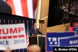 Donald Trump speaks to the delegates at the Republican National Convention, in Cleveland, July 21, 2016.