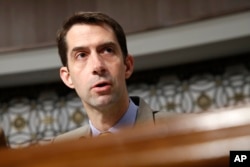 FILE - Senate Armed Services Committee member Sen. Tom Cotton, R-Ark., speaks on Capitol Hill in Washington, July 11, 2017.