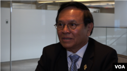 FILE: Kem Sokha, president of Cambodia National Rescue Party, talks to VOA Khmer at Center for Strategic and International Studies in Washington DC, on May 3, 2017. (Say Mony/VOA Khmer)