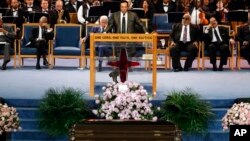 Smokey Robinson speaks during the funeral service for Aretha Franklin at Greater Grace Temple, Aug. 31, 2018, in Detroit.