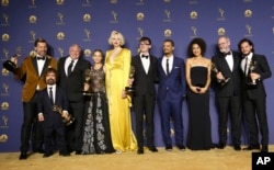 Cast and crew members of 'Game of Thrones' speak to the media after the Emmy Awards on Monday, Sept. 17, 2018, at the Microsoft Theater in Los Angeles. (Photo by Willy Sanjuan/Invision for the Television Academy/AP Images)