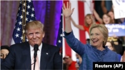 Left, in this combo picture, Republican presidential candidate Donald Trump speaks to supporters at Mar-a-Lago Club in Palm Beach, Florida, while, right, Democratic U.S. presidential candidate Hillary Clinton speaks at a rally in West Palm Beach, Florida, March 15, 2016.
