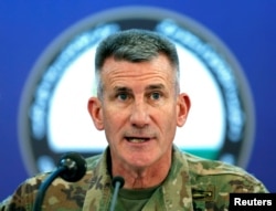 FILE - U.S. Army General John Nicholson, commander of Resolute Support forces and U.S. forces in Afghanistan, speaks during a news conference in Kabul, Afghanistan, Nov. 20, 2017.