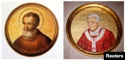 A combination picture of mosaics depicting Saint Celestine V (L) and Pope Benedict XVI taken Feb. 11, 2013.