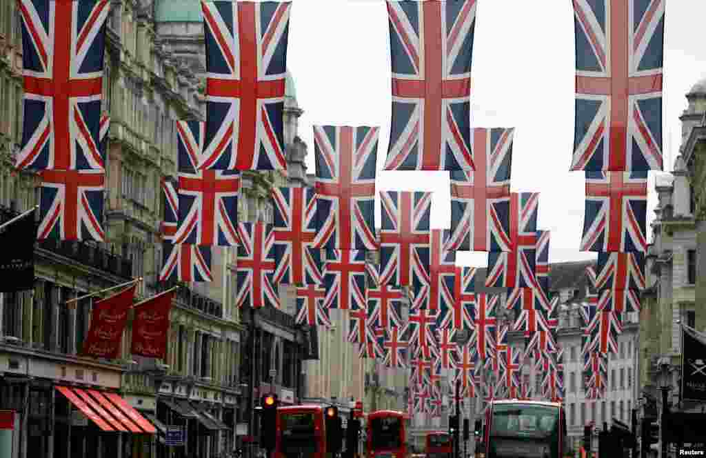 Union flags adorn Regent Street, in central London.