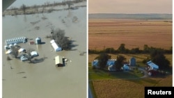 A combination of aerial photos show the farm of Richard Oswald near Langdon, Missouri after flooding March 20, 2019 and in the fall of 2018 at right. 