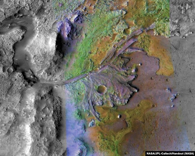 In this file photo, formations made by water and sediment are seen in the Jezero Crater on Mars. ( NASA/JPL-Caltech/Handout)