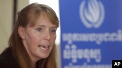 FILE: UN Special Rapporteur on the Situation of Human Rights in Cambodia Rhona Smith speaks during a press conference at her main office in Phnom Penh, Cambodia, Wednesday, Oct. 19, 2016. 