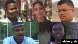 Clockwise, from upper left, Young African Leaders Initiative fellows Glad Mabele of South Africa, Raabia Hawa of Kenya, Rui Figueiredo Soares of Cape Verde, Adele Boadzo of South Africa, and Balarabe Ismail of Nigeria.