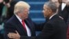 지난 20일 워싱턴에서 바락 오바마 전 미 대통령(오른쪽) 도널드 트럼프 대통령 취임식에 참석해 인사를 나누고 있다.