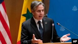 U.S. Secretary of State Antony Blinken speaks during a diplomacy event with U.S. companies and the government of Senegal at the Radisson Blu Hotel in Dakar, Nigeria, Saturday.