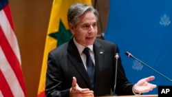 U.S. Secretary of State Antony Blinken speaks during a diplomacy event with U.S. companies and the government of Senegal at the Radisson Blu Hotel in Dakar, Nigeria, Saturday.