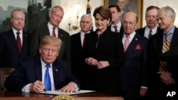 President Donald Trump signs an order imposing tariffs and investment restrictions on China in the Diplomatic Reception Room of the White House, March 22, 2018, in Washington. (AP Photo/Evan Vucci)