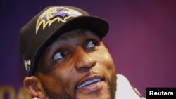 Baltimore Ravens inside linebacker Ray Lewis speaks to journalists during Media Day for the NFL's Super Bowl XLVII in New Orleans, Louisiana Jan. 29, 2013.