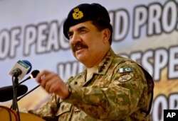 FILE - Raheel Sharif, then the army chief of Pakistan, addresses a seminar in Gwadar, Pakistan, April 12, 2016.