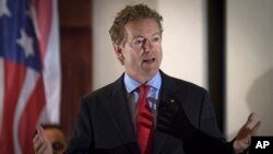 Sen. Rand Paul, R-Ky., speaks to supporters in Hebron, Kentucky, Aug. 11, 2017. The Senate has rejected a bipartisan push for a new war authorization against the Islamic State and other terrorist groups. 