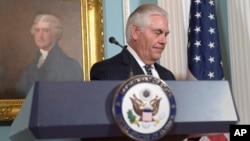 Secretary of State Rex Tillerson leaves after speaking on the release of the 2016 annual report on International Religious Freedom, Aug. 15, 2017, at the State Department in Washington.