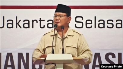 Capres 02 Prabowo Subianto berbicara dalam acara "Mengungkap Fakta-Fakta Kecurangan Pilpres 2019" di Hotel Grand Sahid Jaya, Jakarta, Selasa (14/5) (BPN Prabowo-Sandi).