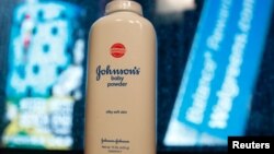 FILE - A bottle of Johnson & Johnson baby powder.