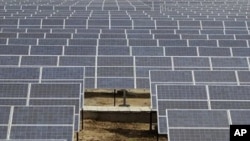 An Indian security guard walks among solar panels at the newly inaugurated solar photovoltaic power plant at Khadoda, in Sabarkantha district, about 90 kilometers (56 miles) from Ahmadabad, India, Friday, June 10, 2011